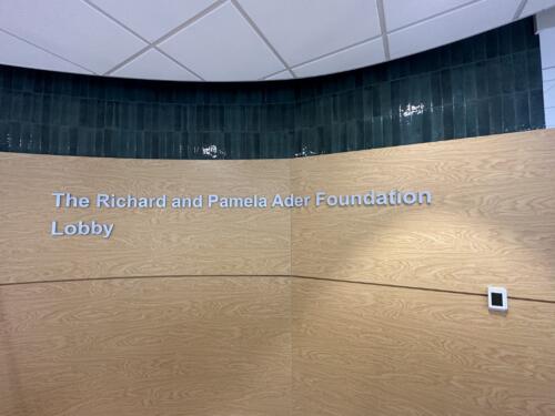Brushed metal letters for hospital interior-reads "The Richard and Pamela Ader Foundation Lobby"
