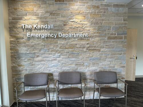 White 3D Lettering for hospital waiting room-Reads "The Kendall Emergency Department"