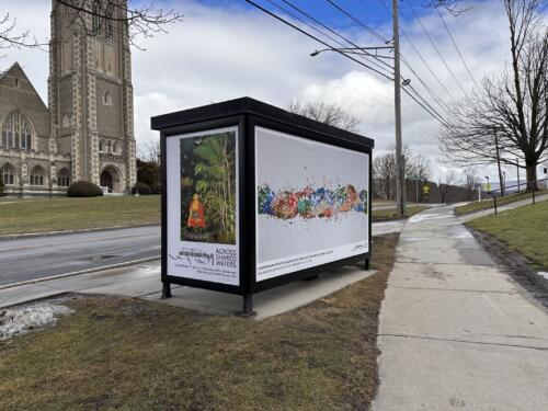 Back and side bus stop shelter graphics promoting museum exhibition. Graphics printed on weather resistant banner material mounted to exterior of bus shelter.