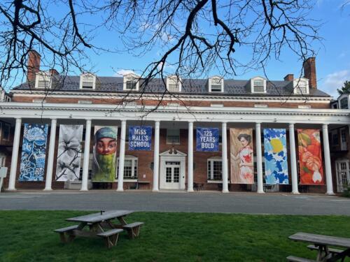 Large format colorful exterior banners with pole pockets suspended between pillars at college preparatory entrance.